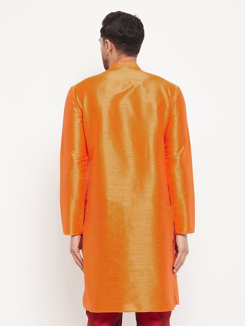 VASTRAMAY Men's Orange Cotton Silk Blend Kurta